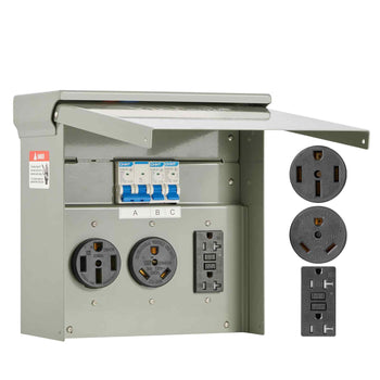 Temporary Power Outlet Panel, 20 30 50 Amp, RV EV Electrical Outlet Panel, with NEMA 50 Amp NEMA 30 Amp GFCI 20 Amp Receptacle Installed, Pre-Wired IP54 Weatherproof Box, for RV Camper Motorhome