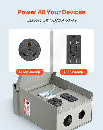 Temporary Power Outlet Panel, 20 30 Amp, RV EV Electrical Outlet Panel with NEMA 30 Amp GFCI 20 Amp Receptacle Installed, Pre-Wired IP54 Weatherproof Box, for RV Camper Car Travel Motorhome