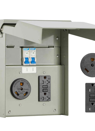 Temporary Power Outlet Panel, 20 30 Amp, RV EV Electrical Outlet Panel with NEMA 30 Amp GFCI 20 Amp Receptacle Installed, Pre-Wired IP54 Weatherproof Box, for RV Camper Car Travel Motorhome
