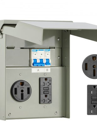 Temporary Power Outlet Panel, 20 50 Amp, RV EV Electrical Outlet Panel with NEMA 50 Amp GFCI 20 Amp Receptacle Installed, Pre-Wired IP54 Weatherproof Box, for RV Camper Car Travel Motorhome
