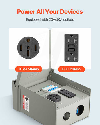 Temporary Power Outlet Panel, 20 50 Amp, RV EV Electrical Outlet Panel with NEMA 50 Amp GFCI 20 Amp Receptacle Installed, Pre-Wired IP54 Weatherproof Box, for RV Camper Car Travel Motorhome