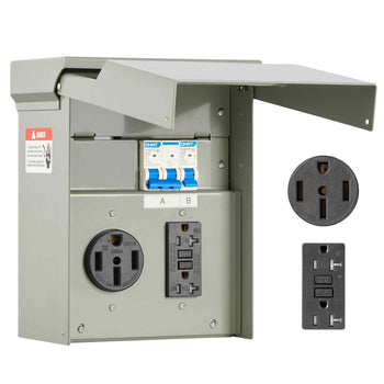 Temporary Power Outlet Panel, 20 50 Amp, RV EV Electrical Outlet Panel with NEMA 50 Amp GFCI 20 Amp Receptacle Installed, Pre-Wired IP54 Weatherproof Box, for RV Camper Car Travel Motorhome
