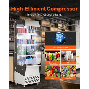 Open Air Merchandiser, 3-Tier Shelving Commercial Refrigerator, Grab and Go Display Cooler Refrigerator with Air Curtain, 4 Swivel Wheels, LED Light, for Restaurants, Stores, Office, 7.8cu.ft.