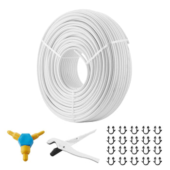 White PVC irrigation hose with connectors and anchors, ideal for garden watering and landscaping.