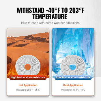 White flexible tubing for extreme temperatures, durable for hot and cold applications, ranging from -40°F to 203°F.