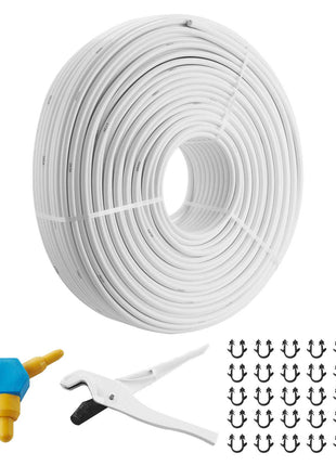 White PVC tubing with connectors and anchor clips for irrigation systems, durable and flexible.