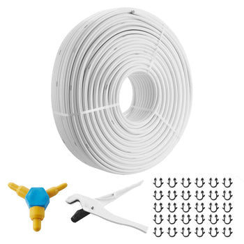 White PVC tubing with connectors and anchor clips for irrigation systems, durable and flexible.