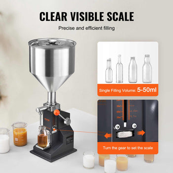 Stainless steel filling machine with adjustable scale, black body, and visible measurement for precise liquid filling.