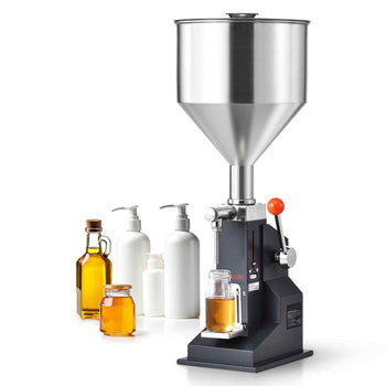 Stainless steel oil filling machine with black base, orange handle, and assorted glass and plastic bottles.
