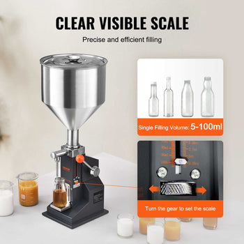 Stainless steel filling machine with visible scale, black base; fills 5-100ml; ideal for precise liquid dispensing.