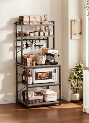 Kitchen Bakers Rack, 23.6 inch Width Bakers Rack, Kitchen Stand with X-Shaped Support Bar, 12 S-Shaped Hooks, Double-Layer Top Shelf, Coffee Bar Stand for Dishes & Bowls, Spice Bottles