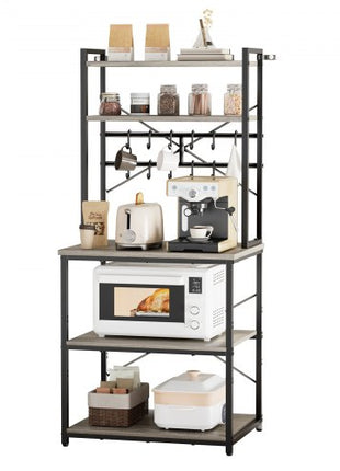 Kitchen Bakers Rack, 23.6 inch Width Bakers Rack, Kitchen Stand with X-Shaped Support Bar, 12 S-Shaped Hooks, Double-Layer Top Shelf, Coffee Bar Stand for Dishes & Bowls, Spice Bottles