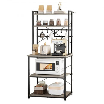 Kitchen Bakers Rack, 23.6 inch Width Bakers Rack, Kitchen Stand with X-Shaped Support Bar, 12 S-Shaped Hooks, Double-Layer Top Shelf, Coffee Bar Stand for Dishes & Bowls, Spice Bottles