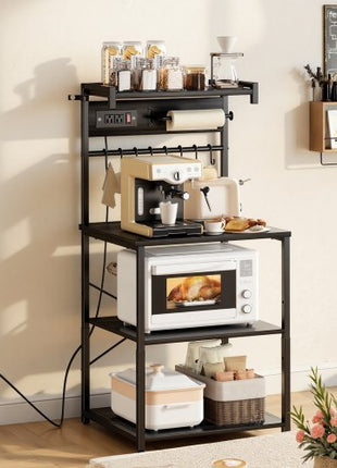 Kitchen Bakers Rack, 4.6ft Power Cable Bakers Rack with Power Outlet, Kitchen Stand with X-Shaped Support Bar, 8 S-Shaped Hooks, Coffee Bar Stand for Dishes, Spice Bottles, Built-In Power Strip