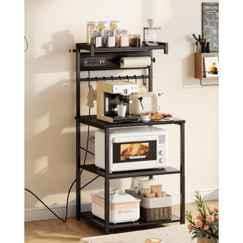 Kitchen Bakers Rack, 4.6ft Power Cable Bakers Rack with Power Outlet, Kitchen Stand with X-Shaped Support Bar, 8 S-Shaped Hooks, Coffee Bar Stand for Dishes, Spice Bottles, Built-In Power Strip