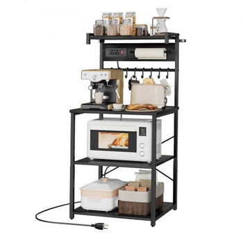 Kitchen Bakers Rack, 4.6ft Power Cable Bakers Rack with Power Outlet, Kitchen Stand with X-Shaped Support Bar, 8 S-Shaped Hooks, Coffee Bar Stand for Dishes, Spice Bottles, Built-In Power Strip