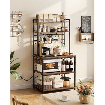 Kitchen Bakers Rack, 5 ft Power Cable Bakers Rack with Power Outlet, Kitchen Stand with X-Shaped Support Bar, 12 S-Shaped Hooks, Coffee Bar Stand for Dishes, Spice Bottles, Built-In Power Strip