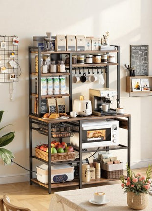 Kitchen Bakers Rack, 5 ft Power Cable Bakers Rack with Power Outlet, Kitchen Stand with X-Shaped Support Bar, 10 S-Shaped Hooks, Coffee Bar Stand for Dishes, Spice Bottles, Built-In Power Strip