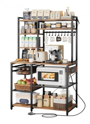 Kitchen Bakers Rack, 5 ft Power Cable Bakers Rack with Power Outlet, Kitchen Stand with X-Shaped Support Bar, 10 S-Shaped Hooks, Coffee Bar Stand for Dishes, Spice Bottles, Built-In Power Strip