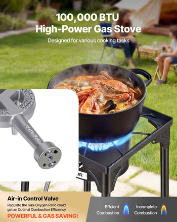 Single Burner Outdoor Propane Gas Stove, 100,000 BTU Propane LPG Gas Camping Stove, Heavy Duty Carbon Steel Outdoor Cooker, with Tall Stand & PSI Regulator, for BBQ Camp Home Patio RV Cooking