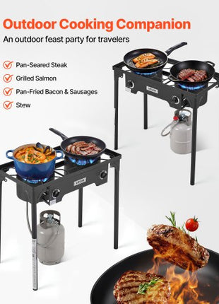 2 Burner Outdoor Propane Gas Stove, 150,000 BTU Propane LPG Gas Camping Stove, Heavy Duty Carbon Steel Outdoor Cooker, with Shield & Tall Stand & PSI Regulator, for BBQ Camp Home Patio Backyard