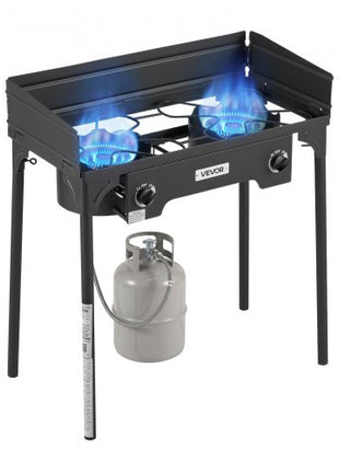 2 Burner Outdoor Propane Gas Stove, 150,000 BTU Propane LPG Gas Camping Stove, Heavy Duty Carbon Steel Outdoor Cooker, with Shield & Tall Stand & PSI Regulator, for BBQ Camp Home Patio Backyard