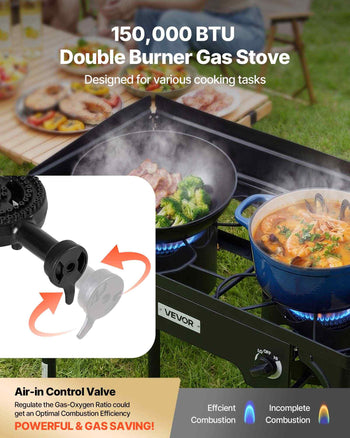 2 Burner Outdoor Propane Gas Stove, 150,000 BTU Propane LPG Gas Camping Stove, Heavy Duty Carbon Steel Outdoor Cooker, with Shield & Tall Stand & PSI Regulator, for BBQ Camp Home Patio Backyard