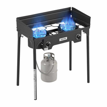 2 Burner Outdoor Propane Gas Stove, 150,000 BTU Propane LPG Gas Camping Stove, Heavy Duty Carbon Steel Outdoor Cooker, with Shield & Tall Stand & PSI Regulator, for BBQ Camp Home Patio Backyard