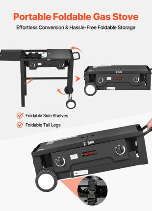 2 Burner Outdoor Propane Gas Stove, 150,000 BTU Propane LPG Gas Camping Stove, Foldable Heavy-duty Carbon Steel Outdoor Cooker, with Wheels & Shield & 20 PSI Regulator, for BBQ Camp Home Patio