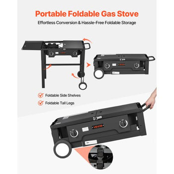 2 Burner Outdoor Propane Gas Stove, 150,000 BTU Propane LPG Gas Camping Stove, Foldable Heavy-duty Carbon Steel Outdoor Cooker, with Wheels & Shield & 20 PSI Regulator, for BBQ Camp Home Patio