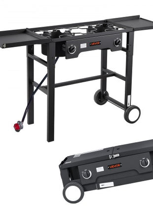 2 Burner Outdoor Propane Gas Stove, 150,000 BTU Propane LPG Gas Camping Stove, Foldable Heavy-duty Carbon Steel Outdoor Cooker, with Wheels & Shield & 20 PSI Regulator, for BBQ Camp Home Patio