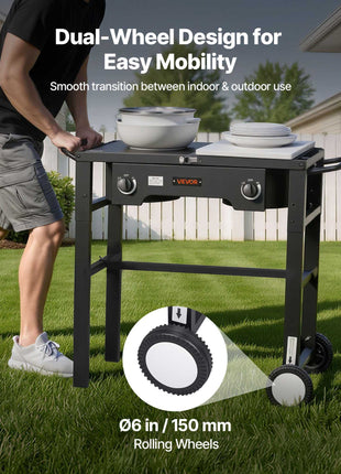 2 Burner Outdoor Propane Gas Stove, 150,000 BTU Propane LPG Gas Camping Stove, Foldable Heavy-duty Carbon Steel Outdoor Cooker, with Wheels & Shield & 20 PSI Regulator, for BBQ Camp Home Patio
