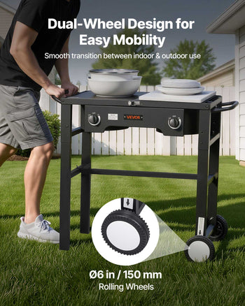 2 Burner Outdoor Propane Gas Stove, 150,000 BTU Propane LPG Gas Camping Stove, Foldable Heavy-duty Carbon Steel Outdoor Cooker, with Wheels & Shield & 20 PSI Regulator, for BBQ Camp Home Patio