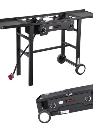 2 Burner Outdoor Propane Gas Stove, 150,000 BTU Propane LPG Gas Camping Stove, Foldable Heavy-duty Carbon Steel Outdoor Cooker, with Wheels & Shield & 20 PSI Regulator, for BBQ Camp Home Patio