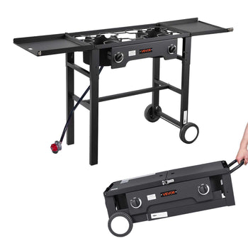 2 Burner Outdoor Propane Gas Stove, 150,000 BTU Propane LPG Gas Camping Stove, Foldable Heavy-duty Carbon Steel Outdoor Cooker, with Wheels & Shield & 20 PSI Regulator, for BBQ Camp Home Patio