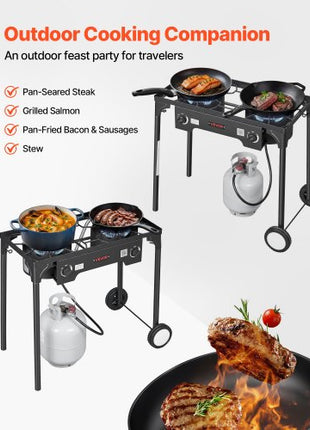 2 Burner Outdoor Propane Gas Stove, 150,000 BTU Propane LPG Gas Camping Stove, Heavy-duty Carbon Steel Outdoor Cooker, with 2 Wheels & 20 PSI Regulator & Hose, for BBQ Camp Home Patio Backyard