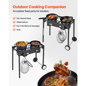 2 Burner Outdoor Propane Gas Stove, 150,000 BTU Propane LPG Gas Camping Stove, Heavy-duty Carbon Steel Outdoor Cooker, with 2 Wheels & 20 PSI Regulator & Hose, for BBQ Camp Home Patio Backyard
