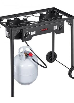 2 Burner Outdoor Propane Gas Stove, 150,000 BTU Propane LPG Gas Camping Stove, Heavy-duty Carbon Steel Outdoor Cooker, with 2 Wheels & 20 PSI Regulator & Hose, for BBQ Camp Home Patio Backyard