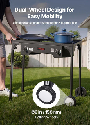 2 Burner Outdoor Propane Gas Stove, 150,000 BTU Propane LPG Gas Camping Stove, Heavy-duty Carbon Steel Outdoor Cooker, with 2 Wheels & 20 PSI Regulator & Hose, for BBQ Camp Home Patio Backyard