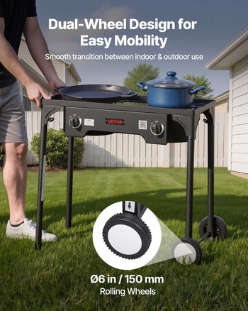 2 Burner Outdoor Propane Gas Stove, 150,000 BTU Propane LPG Gas Camping Stove, Heavy-duty Carbon Steel Outdoor Cooker, with 2 Wheels & 20 PSI Regulator & Hose, for BBQ Camp Home Patio Backyard