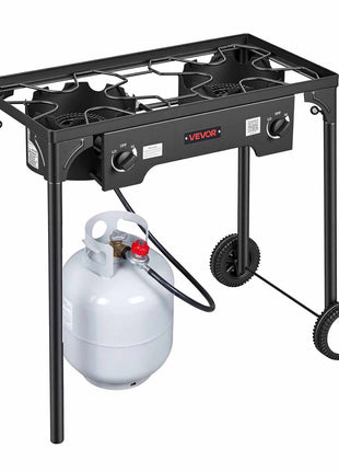 2 Burner Outdoor Propane Gas Stove, 150,000 BTU Propane LPG Gas Camping Stove, Heavy-duty Carbon Steel Outdoor Cooker, with 2 Wheels & 20 PSI Regulator & Hose, for BBQ Camp Home Patio Backyard