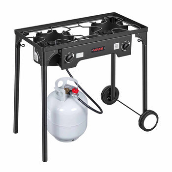 2 Burner Outdoor Propane Gas Stove, 150,000 BTU Propane LPG Gas Camping Stove, Heavy-duty Carbon Steel Outdoor Cooker, with 2 Wheels & 20 PSI Regulator & Hose, for BBQ Camp Home Patio Backyard