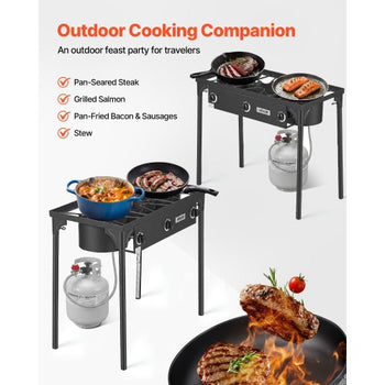 3 Burner Outdoor Propane Gas Stove, 225,000 BTU Propane LPG Gas Camping Stove, Heavy-duty Carbon Steel Outdoor Cooker, with Shield & Tall Stand & Regulator, for BBQ Camp Home Patio Backyard