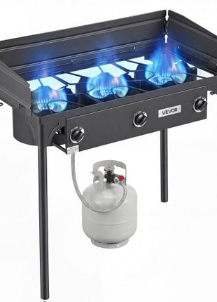 3 Burner Outdoor Propane Gas Stove, 225,000 BTU Propane LPG Gas Camping Stove, Heavy-duty Carbon Steel Outdoor Cooker, with Shield & Tall Stand & Regulator, for BBQ Camp Home Patio Backyard