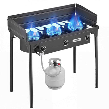 3 Burner Outdoor Propane Gas Stove, 225,000 BTU Propane LPG Gas Camping Stove, Heavy-duty Carbon Steel Outdoor Cooker, with Shield & Tall Stand & Regulator, for BBQ Camp Home Patio Backyard