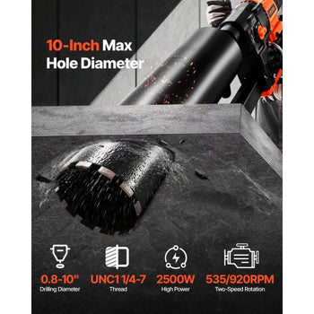 Diamond Core Drilling Machine, 0.8-10 in Drilling Diameter, Stand-Mount Dry and Wet Concrete Core Drill Rig with 10 Bits, 470/800 RPM 2-Speed, UNC1 1/4-7 Thread, for Concrete Brick Stone, 2500W