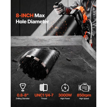 Diamond Core Drilling Machine, 0.8-8 in Drilling Diameter, Stand-Mount Dry and Wet Concrete Core Drill Rig with 8 Drill Bits, 800 RPM Speed, UNC1 1/4-7 Thread, for Concrete Brick Stone, 3000W
