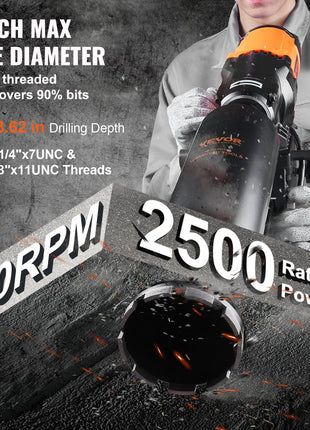 8-inch heavy-duty drill with orange accents, metal body, 2500W power, and 750RPM speed for efficient drilling.