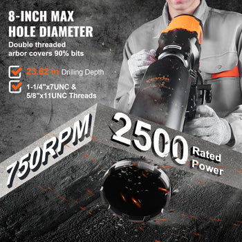 8-inch heavy-duty drill with orange accents, metal body, 2500W power, and 750RPM speed for efficient drilling.