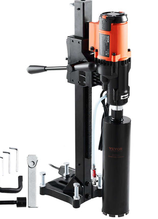 VEVOR hydraulic core drill rig in black and orange, featuring sturdy metal construction and included accessories.